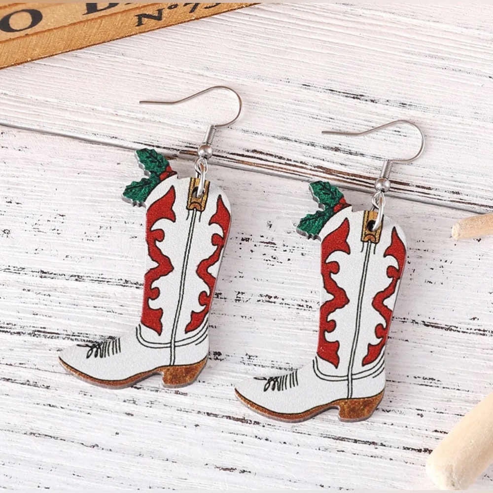 Christmas Cowboy Boot Dangle Earrings | Western Holly Holiday | NWT